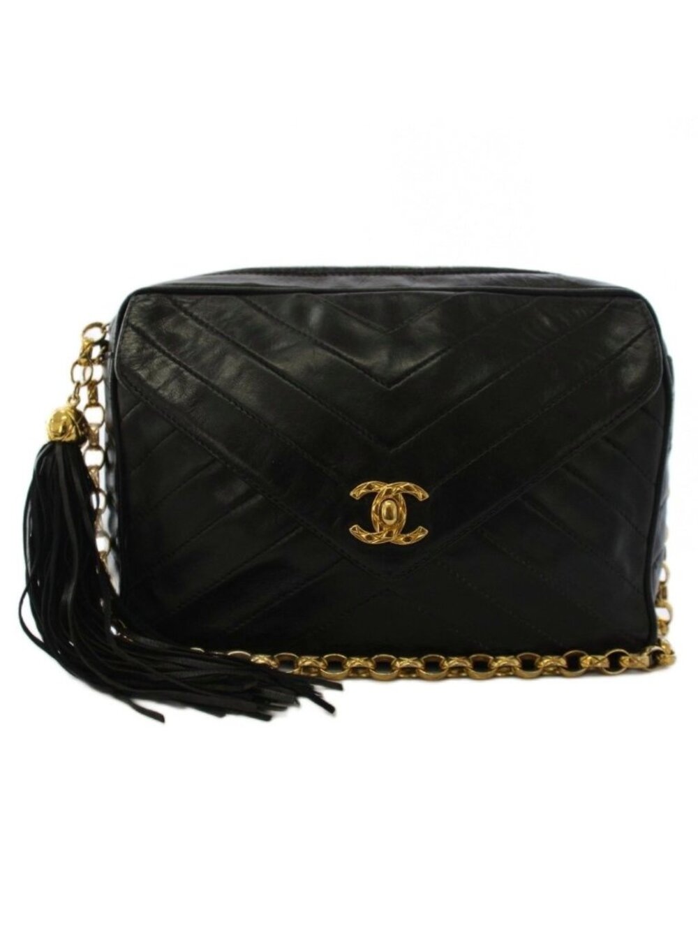 Chanel Stitch Fringe Lambskin Chain Shoulder Bag Black KH